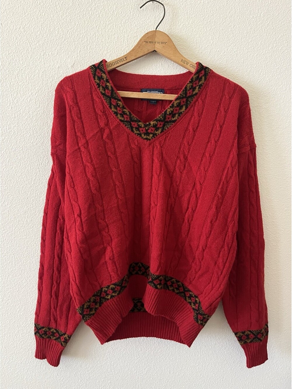 Vintage Lands' End Lambswool Cable Knit V-Neck Sweater M